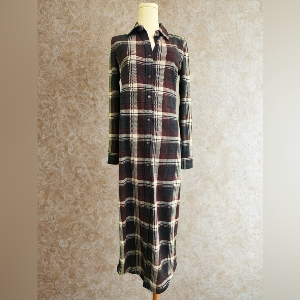 Faherty Burgundy and Navy Plaid Shirt Dress